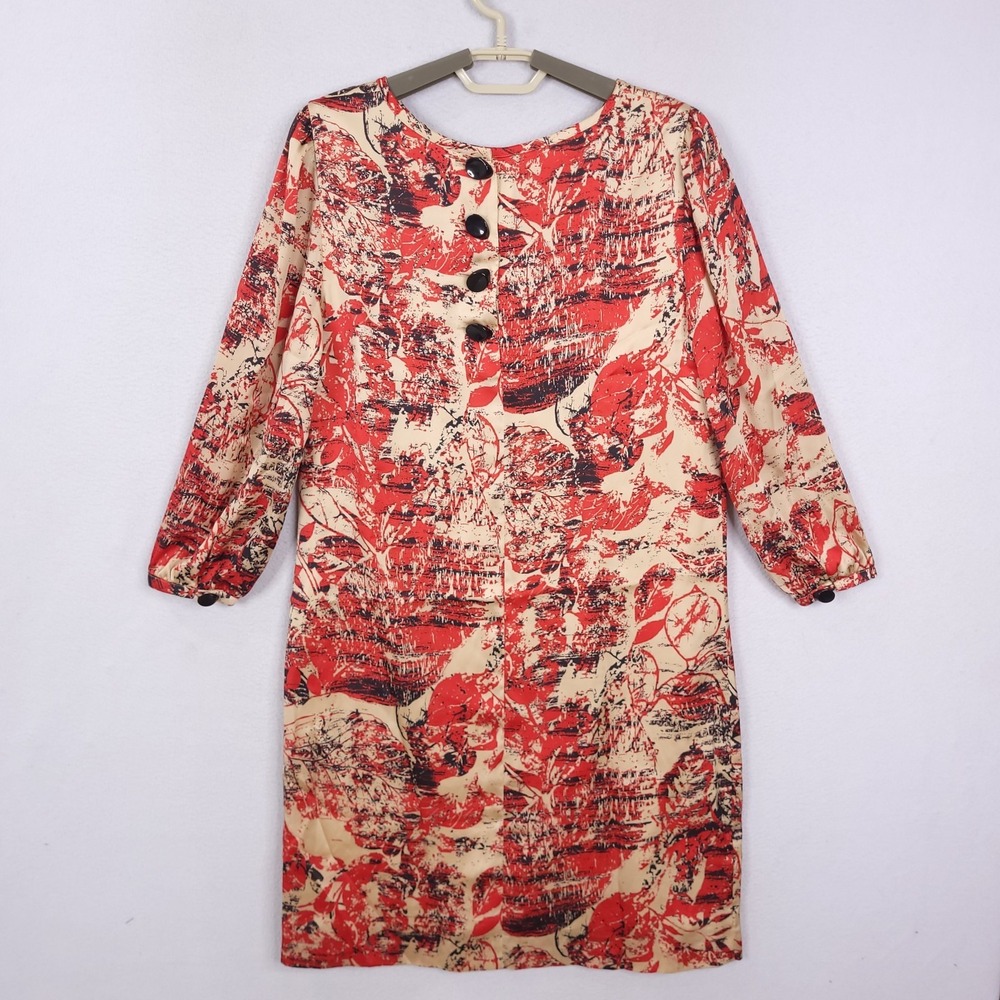Tahari Tunic Shift Dress Women Size 6 Abstract Long Sleeve Pullover Satin Button